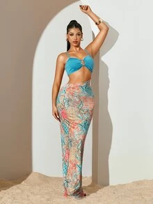 Sirith Women's Dress, Fashionable For Summer Beach Vacation Blue And Orange Tropical - Multicolor - View 7