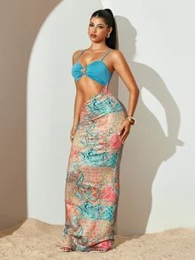 Sirith Women's Dress, Fashionable For Summer Beach Vacation Blue And Orange Tropical - Multicolor - View 6