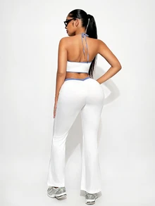 Sirith Contrasting Waistline Twist Hem Skinny Casual Pants Fall Cloth For Women - White - View 2