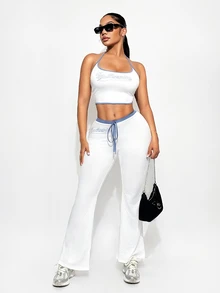 Sirith Contrasting Waistline Twist Hem Skinny Casual Pants Fall Cloth For Women - White - View 3