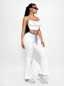Sirith Contrasting Waistline Twist Hem Skinny Casual Pants Fall Cloth For Women - White - View 5
