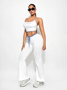 Sirith Contrasting Waistline Twist Hem Skinny Casual Pants Fall Cloth For Women - White - View 6