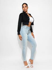 Sirith Autumn Casual Plain Color Cropped Jacket Fall Winter Cloth For Women - Black - View 5