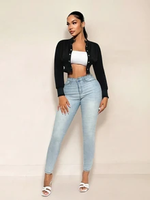 Sirith Autumn Casual Plain Color Cropped Jacket Fall Winter Cloth For Women - Black - View 1