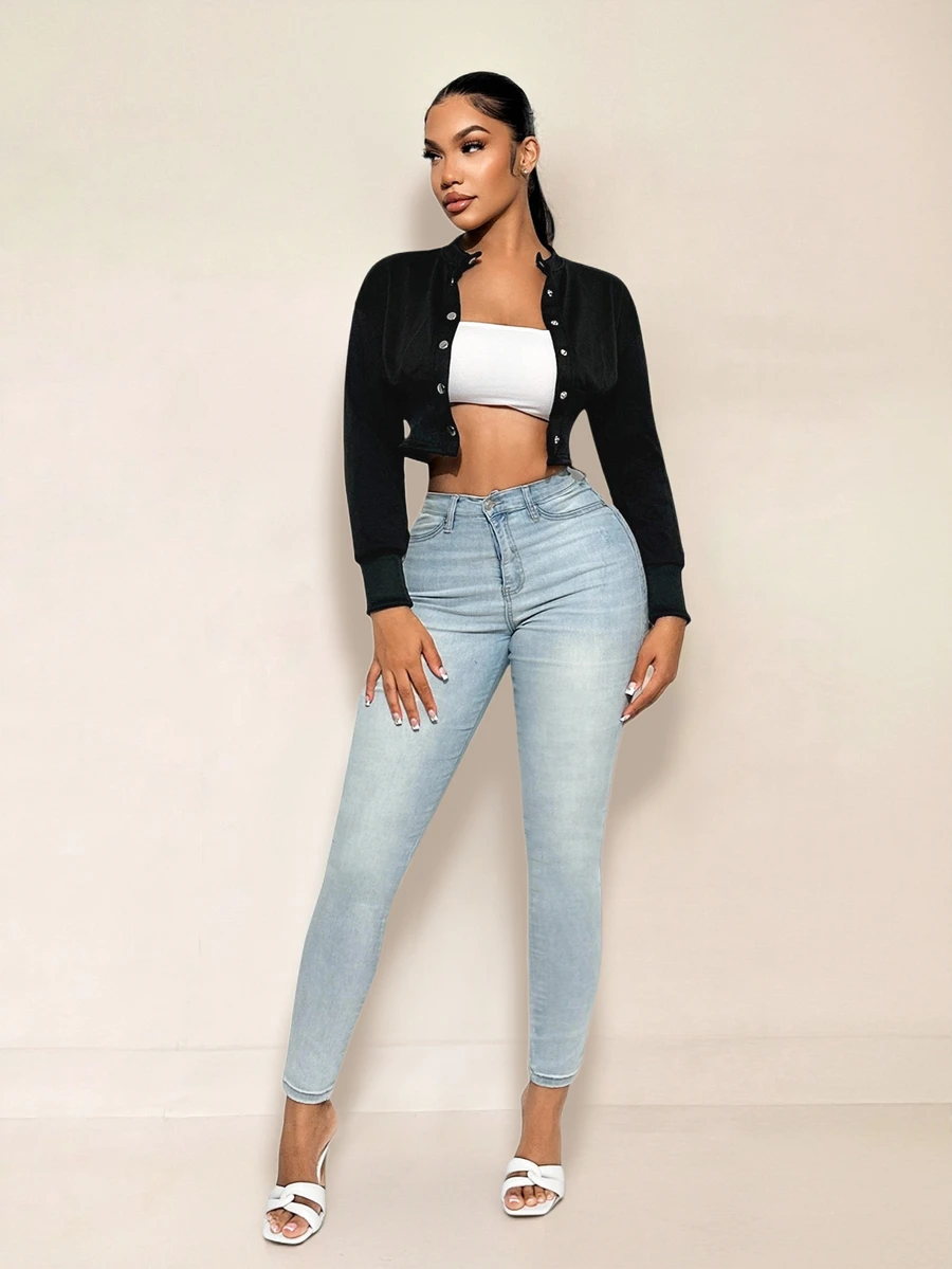 Sirith Autumn Casual Plain Color Cropped Jacket Fall Winter Cloth For Women - Black - View 1