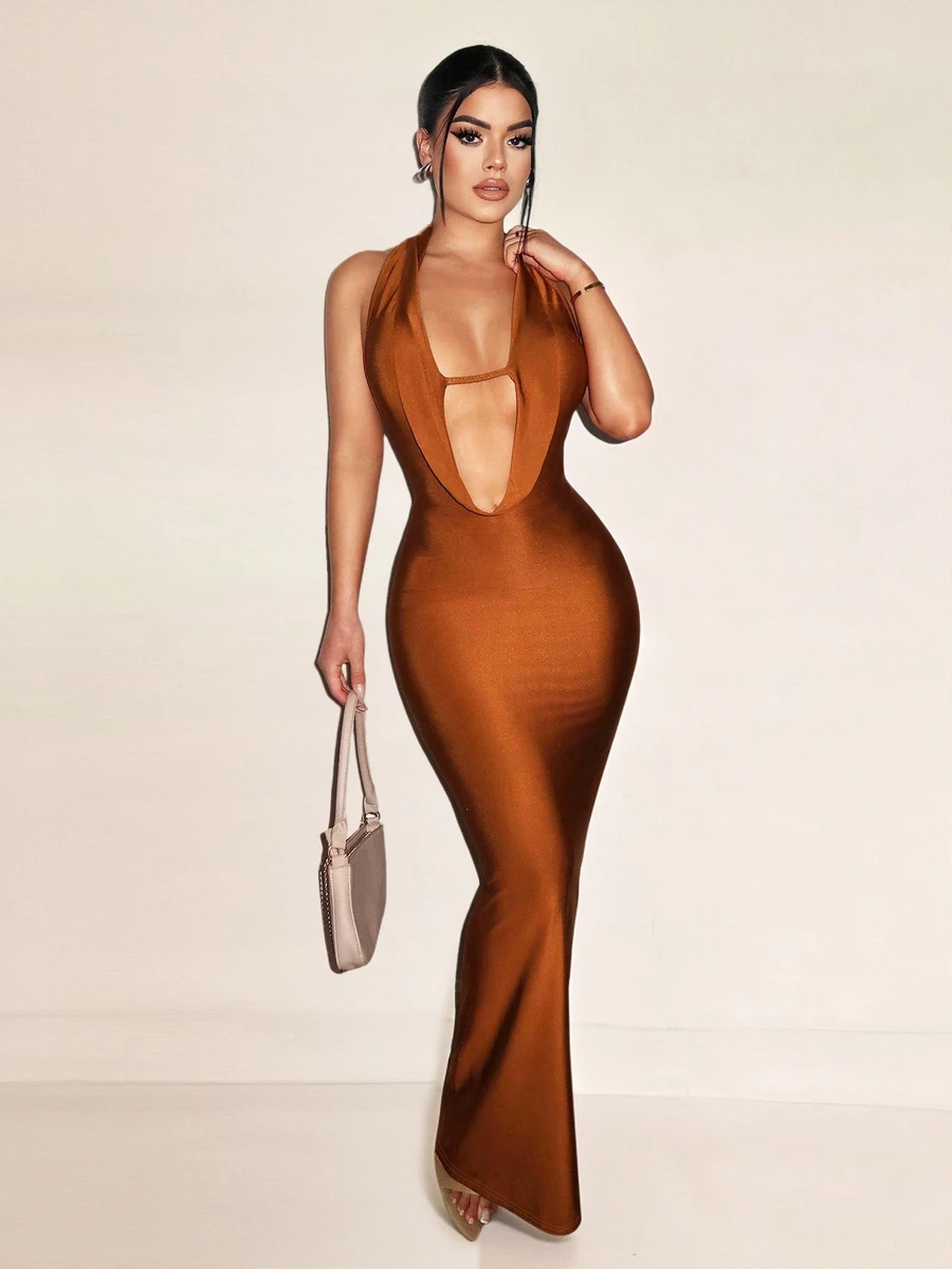 Sirith 1pc Women's Solid Color Deep V Neck Backless Fitted Long Dress Maxi Women Outfit - Brown - View 1