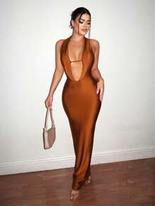 Sirith 1pc Women's Solid Color Deep V Neck Backless Fitted Long Dress Maxi Women Outfit - Brown - View 7
