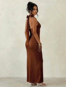 Sirith 1pc Women's Solid Color Deep V Neck Backless Fitted Long Dress Maxi Women Outfit - Brown - View 5