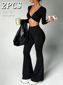 Sirith Women's 2 Pieces Autumn/Winter Sports Set, Long Sleeve Twisted Top, Flared Leg Black Yoga Pants, Gym Workout Outfit - Black - View 5