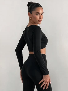 Sirith Women's 2 Pieces Autumn/Winter Sports Set, Long Sleeve Twisted Top, Flared Leg Black Yoga Pants, Gym Workout Outfit - Black - View 2