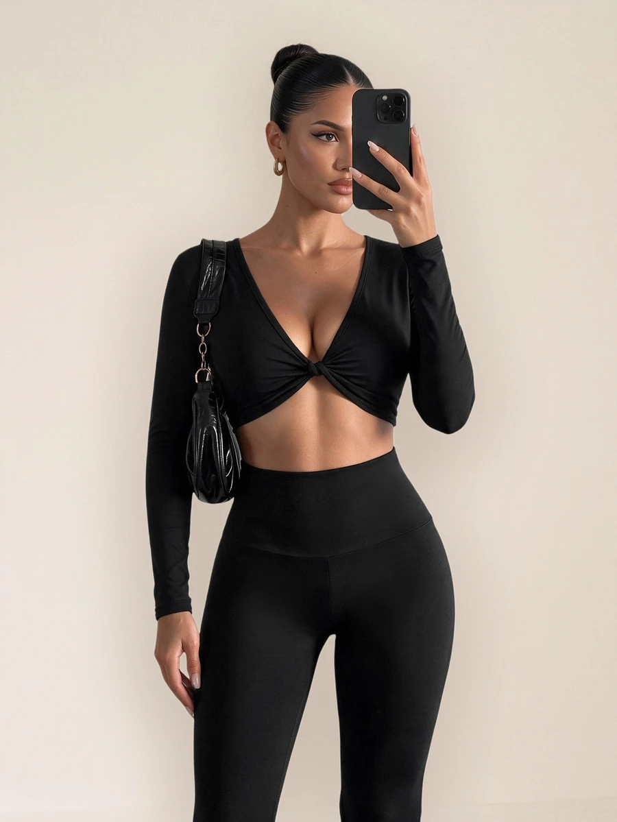 Sirith Women's 2 Pieces Autumn/Winter Sports Set, Long Sleeve Twisted Top, Flared Leg Black Yoga Pants, Gym Workout Outfit - Black - View 1