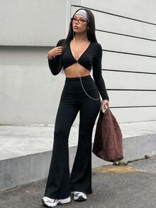 Sirith Women's 2 Pieces Autumn/Winter Sports Set, Long Sleeve Twisted Top, Flared Leg Black Yoga Pants, Gym Workout Outfit - Black - View 3