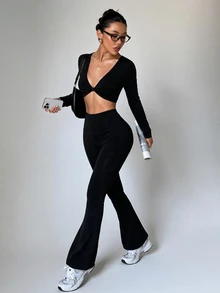 Sirith Women's 2 Pieces Autumn/Winter Sports Set, Long Sleeve Twisted Top, Flared Leg Black Yoga Pants, Gym Workout Outfit - Black - View 4