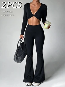 Sirith Women's 2 Pieces Autumn/Winter Sports Set, Long Sleeve Twisted Top, Flared Leg Black Yoga Pants, Gym Workout Outfit - Black - View 7
