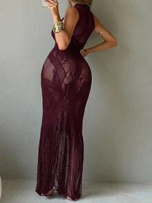 Sirith Sexy Hollow Out Women's Long Dress - Burgundy - View 2