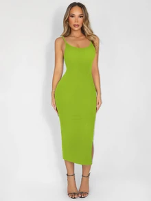 Sirith Seamless Knit Black Midi Dress With Built-In Figure-Flattering Jumpsuit - Lime Green - View 6