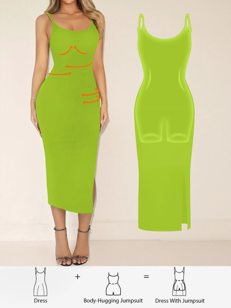 Sirith Seamless Knit Black Midi Dress With Built-In Figure-Flattering Jumpsuit - Lime Green - View 1