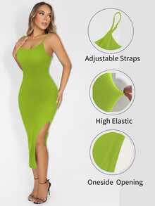 Sirith Seamless Knit Black Midi Dress With Built-In Figure-Flattering Jumpsuit - Lime Green - View 3