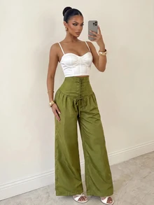 Sirith Women's Solid Color High Waist Eyelet Lace-Up Wide Leg Long Pants Going Out Night Olive Green Autumn Sexy - Army Green - View 6