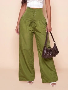 Sirith Women's Solid Color High Waist Eyelet Lace-Up Wide Leg Long Pants Going Out Night Olive Green Autumn Sexy - Army Green - View 4