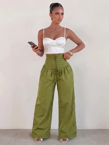 Sirith Women's Solid Color High Waist Eyelet Lace-Up Wide Leg Long Pants Going Out Night Olive Green Autumn Sexy - Army Green - View 3