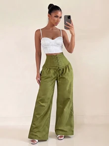 Sirith Women's Solid Color High Waist Eyelet Lace-Up Wide Leg Long Pants Going Out Night Olive Green Autumn Sexy - Army Green - View 1
