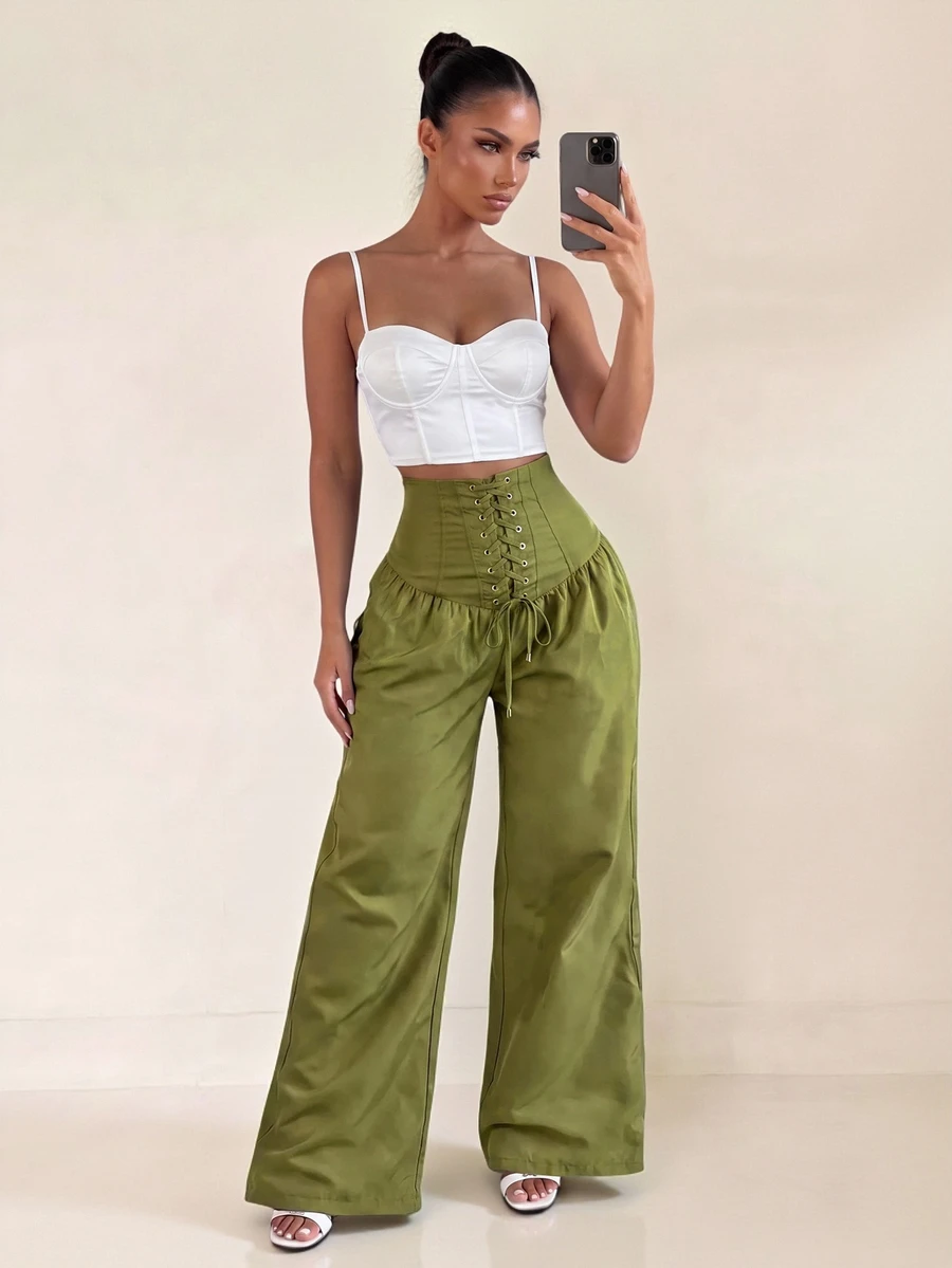 Sirith Women's Solid Color High Waist Eyelet Lace-Up Wide Leg Long Pants Going Out Night Olive Green Autumn Sexy - Army Green - View 1
