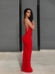 Sirith Women Solid Color Spaghetti Strap Backless Sleeveless Dress For New Year Clothes Maxi Women Outfit - Red - View 7