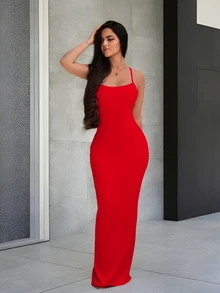 Sirith Women Solid Color Spaghetti Strap Backless Sleeveless Dress For New Year Clothes Maxi Women Outfit - Red - View 6