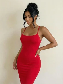 Sirith Women Solid Color Spaghetti Strap Backless Sleeveless Dress For New Year Clothes Maxi Women Outfit - Red - View 3