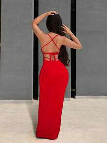 Sirith Women Solid Color Spaghetti Strap Backless Sleeveless Dress For New Year Clothes Maxi Women Outfit - Red - View 5