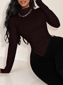 Sirith Chic Autumn Women's Solid Color Stand Collar Raglan Sleeve Asymmetrical Hem Fitted T-Shirt Fall Cloth For Women - Chocolate Brown - View 1