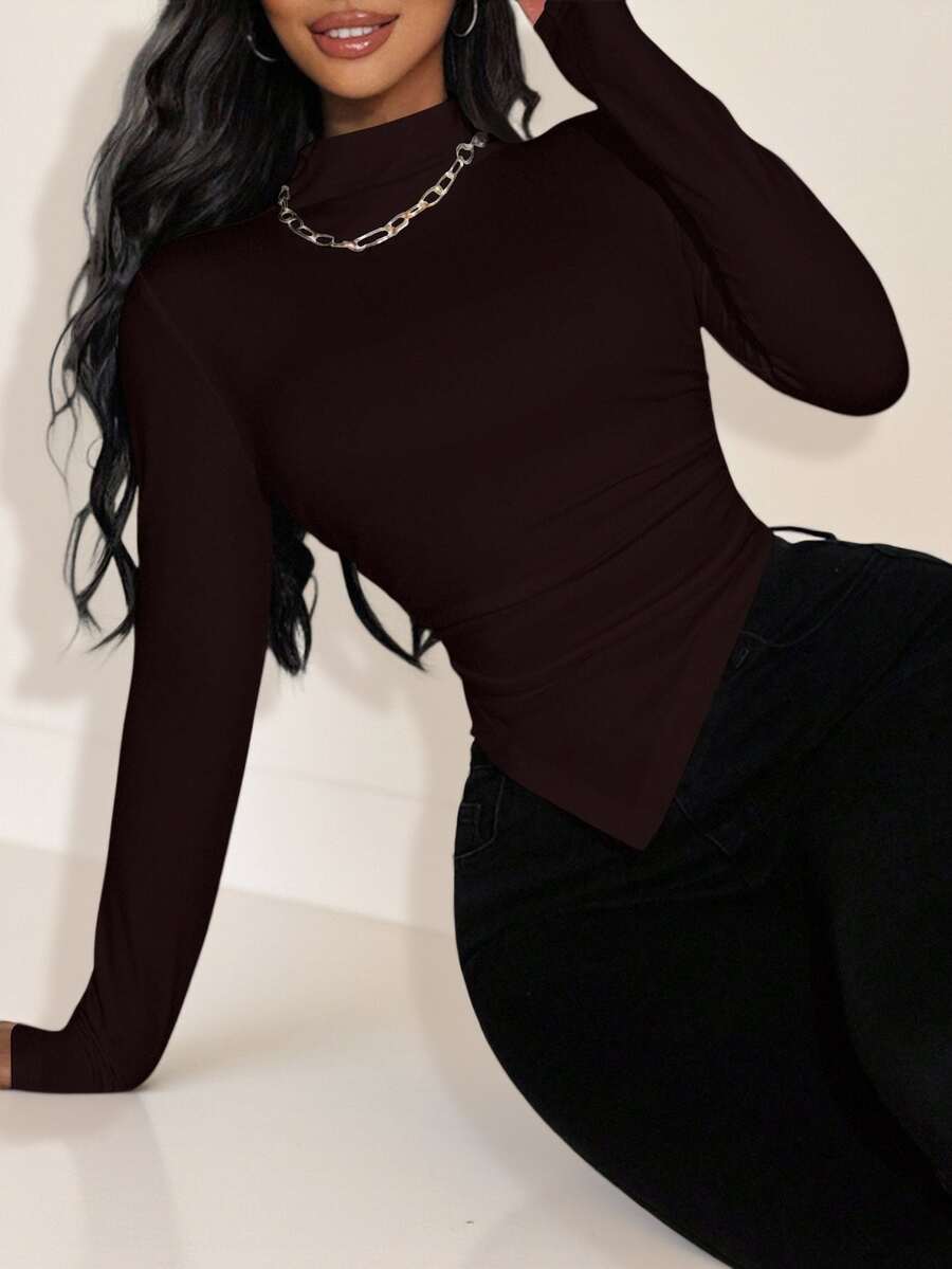 Sirith Chic Autumn Women's Solid Color Stand Collar Raglan Sleeve Asymmetrical Hem Fitted T-Shirt Fall Cloth For Women - Chocolate Brown - View 1