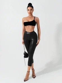 Sirith 2024 Autumn/Winter New Women Sexy Low Waist Ankle-Length Leggings In Candy Red, Suitable For Party, Birthday, New Year - Black - View 4