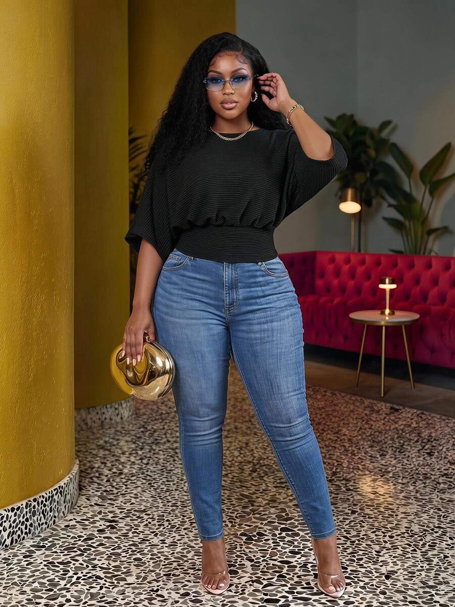 Veslaya Elegant Casual Black Textured Fabric Round Neck Striped Waist-Cinching Top Women Plus Size Brunch Evening Going Out Summer - Black - View 1