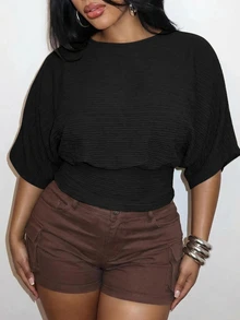 Veslaya Elegant Casual Black Textured Fabric Round Neck Striped Waist-Cinching Top Women Plus Size Brunch Evening Going Out Summer - Black - View 5