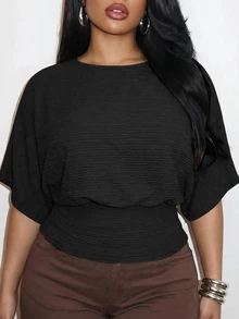 Veslaya Elegant Casual Black Textured Fabric Round Neck Striped Waist-Cinching Top Women Plus Size Brunch Evening Going Out Summer - Black - View 3
