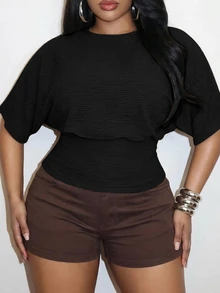 Veslaya Elegant Casual Black Textured Fabric Round Neck Striped Waist-Cinching Top Women Plus Size Brunch Evening Going Out Summer - Black - View 7