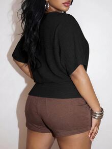Veslaya Elegant Casual Black Textured Fabric Round Neck Striped Waist-Cinching Top Women Plus Size Brunch Evening Going Out Summer - Black - View 2