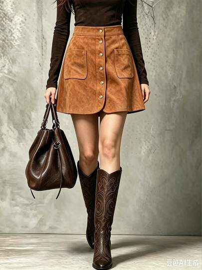 SHEIN LUNE CURVE Women's Plus Size Solid Color Vintage Caramel Brown Suede A-Line Mini Skirt With Front Buttons And Pockets, Casual Daily Commute Holiday Autumn/Winter Versatile Skirt
