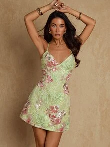 SHEIN Glamour Women Light Green Floral Spaghetti Strap Deep V Neck Ruffle Hem Sleeveless Fitted Mini Dress Coquette Summer Wedding Night Out Party Cocktail Sexy - Green - View 7