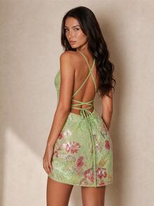 SHEIN Glamour Women Light Green Floral Spaghetti Strap Deep V Neck Ruffle Hem Sleeveless Fitted Mini Dress Coquette Summer Wedding Night Out Party Cocktail Sexy - Green - View 3
