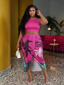 Veslaya Women's Plus Size Multicolor Summer Beach Vacation Holiday Set,Tropical Palm Tree Print Sleeveless Crop Top And High Waist Slit Midi Skirt 2 Pieces - Hot Pink - View 1