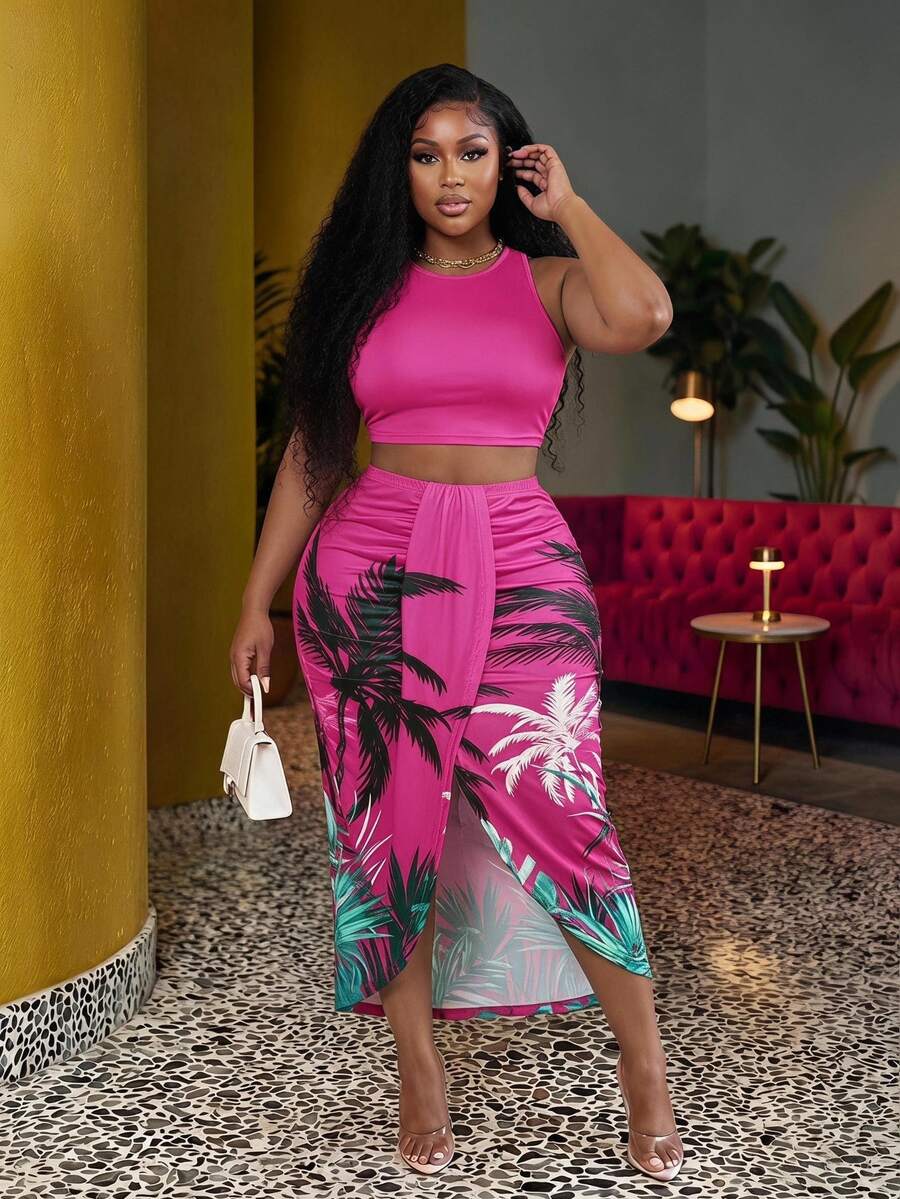 Veslaya Women's Plus Size Multicolor Summer Beach Vacation Holiday Set,Tropical Palm Tree Print Sleeveless Crop Top And High Waist Slit Midi Skirt 2 Pieces - Hot Pink - View 1
