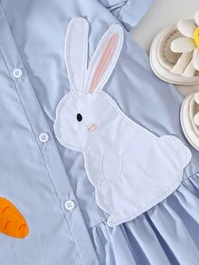 THE HAPPY LOOK Young Girl 3D Embroidered Animal Pattern Patchwork Pleated Asymmetrical Shirt Dress With Puff Sleeves A-Line - Baby Blue - View 4