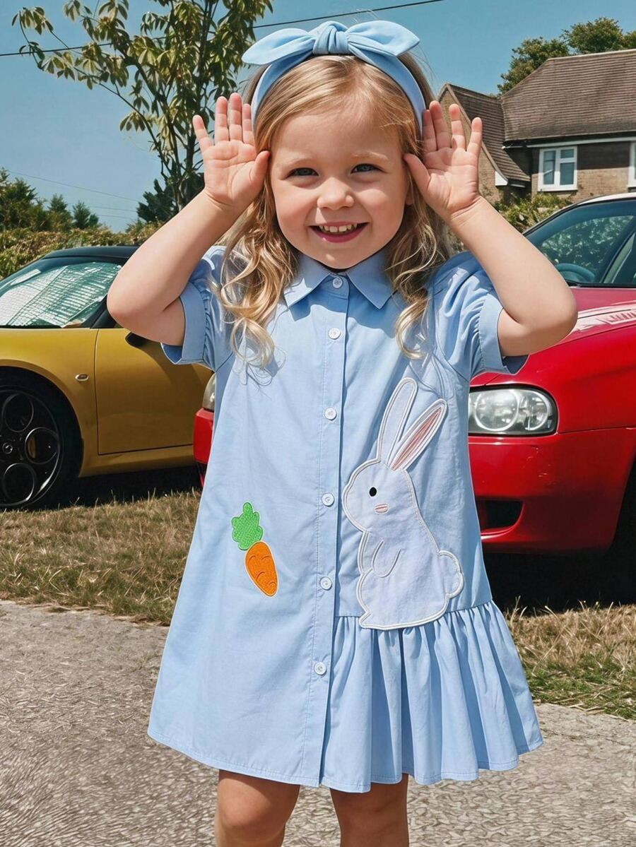 THE HAPPY LOOK Young Girl 3D Embroidered Animal Pattern Patchwork Pleated Asymmetrical Shirt Dress With Puff Sleeves A-Line - Baby Blue - View 1