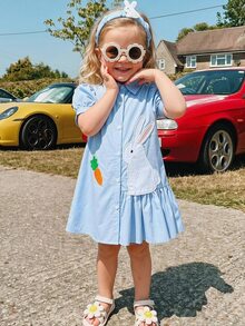 THE HAPPY LOOK Young Girl 3D Embroidered Animal Pattern Patchwork Pleated Asymmetrical Shirt Dress With Puff Sleeves A-Line - Baby Blue - View 1