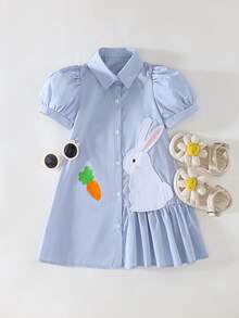 THE HAPPY LOOK Young Girl 3D Embroidered Animal Pattern Patchwork Pleated Asymmetrical Shirt Dress With Puff Sleeves A-Line - Baby Blue - View 3