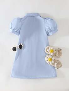 THE HAPPY LOOK Young Girl 3D Embroidered Animal Pattern Patchwork Pleated Asymmetrical Shirt Dress With Puff Sleeves A-Line - Baby Blue - View 2