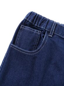SHEIN 男童復古韓系街頭風海軍藍水洗牛仔長褲，寬鬆直筒修身錐腳中腰休閒校園度假夏季牛仔褲 - 深色水洗藍 - 查看 7